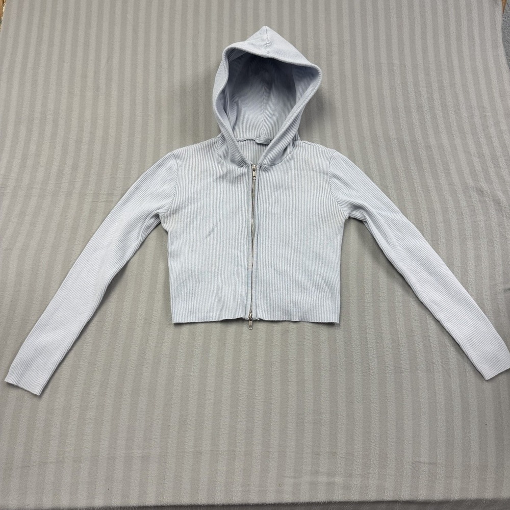 J. Galt Baby Blue Ribbed Knit Cropped Full Zip Hoodie Sweatshirt Casual Size XS